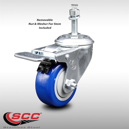 Service Caster 3.5 Inch SS Blue Polyurethane 10mm Threaded Stem Caster Total Lock Brake SCC-SSTSTTL20S3514-PPUB-BLUE-M1015